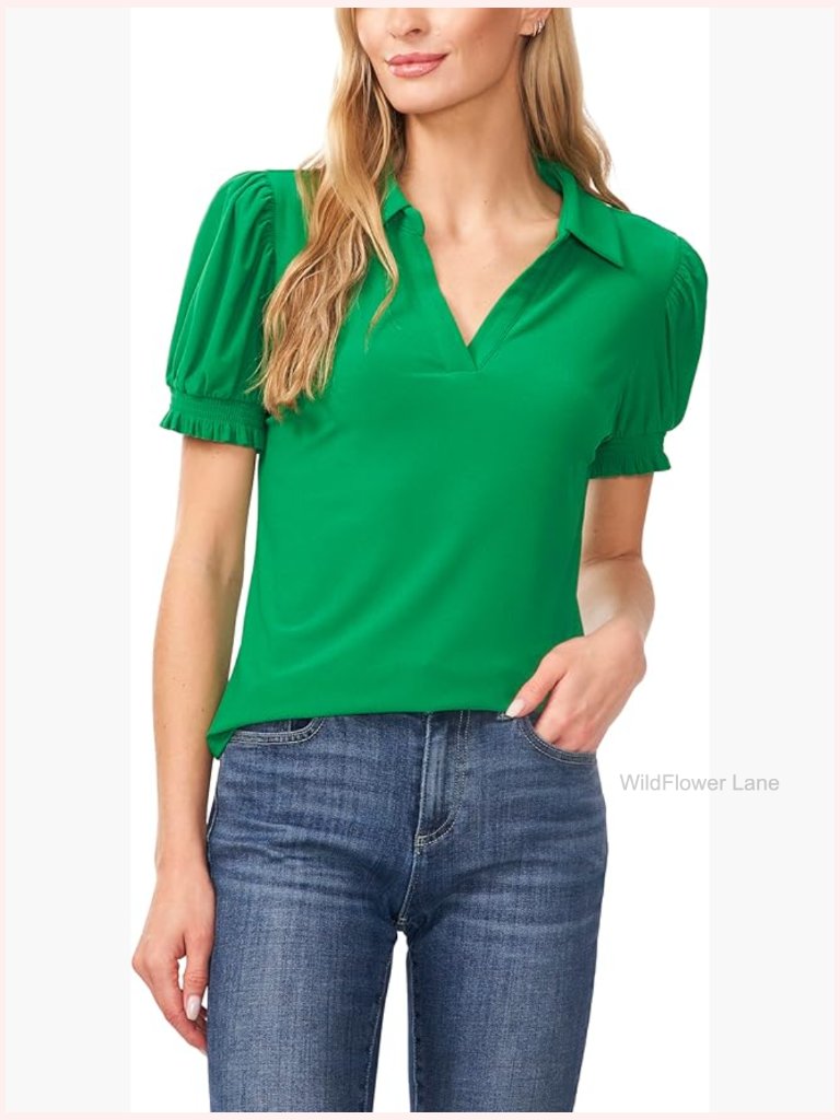 Short Sleeve Split Neck Collared Knit Top - Size M